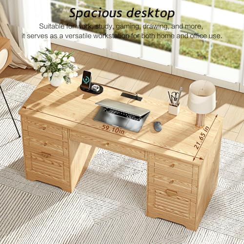 Ieejdn 59" Home Office Desks, Executive Desk, Farmhouse Computer Desk with 7 Drawers and Charging Station, File Drawer, Rustic Computer Writing Desk,Antique Wood