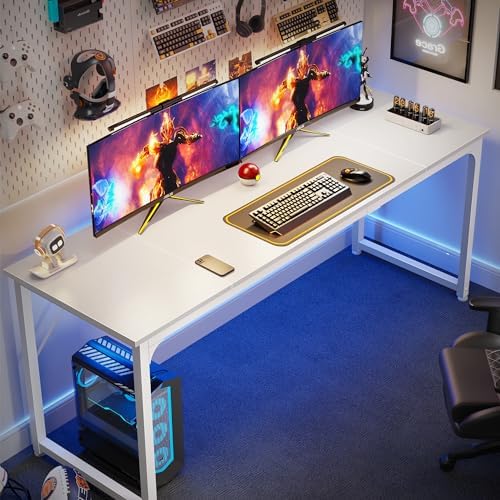 Huuger Computer Desk, 70 Inch Office Desk, Gaming Desk with Storage, Writing Desk Work Desk for Home Office, Study, Long Simple Desk, Large Legroom, Metal Frame, White