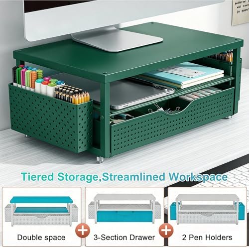 gianotter Desk Organizers and Accessories, Monitor Stand with Drawer and 2 Pen Holder, Desktop Organizer Suitable for Offices and Dormitories (Green)