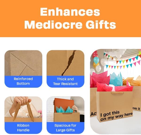 MilkToast Brands Funny Gift Bags Set of 5 – Large 16 x 6 x 12 inch Kraft Gift Bags with Snarky Sayings – Reusable, Eco-Friendly Gag Gift Wrapping for Birthdays, Holidays, Mother's Day, Father's Day