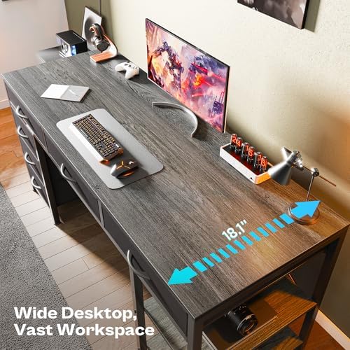 Huuger Computer Desk with 6 Drawers, Office Desk with Shelves, Reversible Gaming Desk, Corner Desk with Storage, Work for Home Office, Study, Living Room, 54inch, Grey