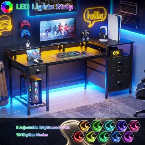 Furologee 60" Black Computer Desk with 4 Drawers and Printer Space, Gaming Desk with LED Lights and USB Power Outlets, Home Office Desk with Fabric File Cabinet,Study Work Table with Shelf for Bedroom