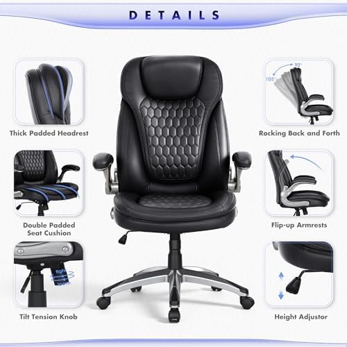 COLAMY High Back Executive Office Chairs, Ergonomic PU Leather Desk Chairs with Flip-Up Armrests, Adjustable Height, Lumbar Support, Comfortable Computer Chairs for Home Office, Set of 2