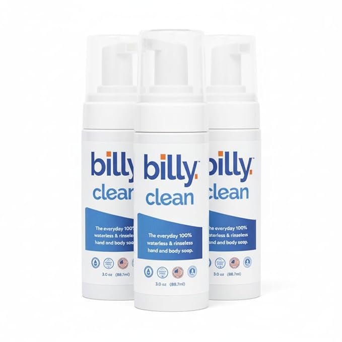 Billy Clean Big 3 Pack 100% Natural No Rinse Waterless Soap, Hand and Body, Travel Size Foaming Hand Sanitizer Alcohol Free, Elderly and Kids