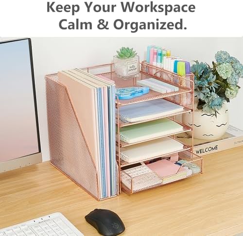 5-Tier Desk File Organizer with Drawer & Pen Holder (Rose Gold)
