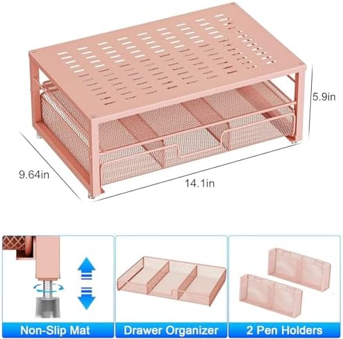 gianotter Desk Organizers and Accessories, Monitor Stand with Drawer and 2 Pen Holder, Desktop Organizer Suitable for Offices and Dormitories (Rose Gold)