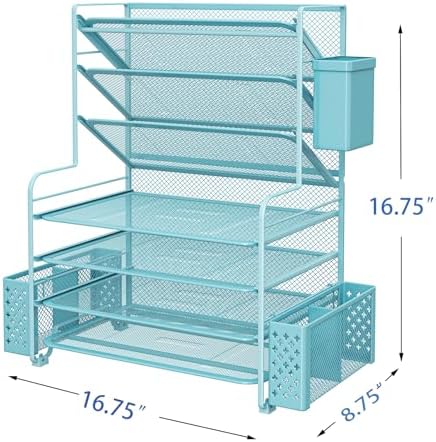Simple Trending 7 Tier Desk File Organizer, Letter Tray Paper Organizer with Pen Holder and Metal Hanging Basket, Blue
