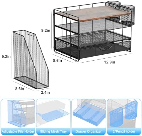 gianotter Desk Organizers and Accessories with File Holder, 4-Tier Desk Accessories & Workspace Organizers with Drawer and 2 Pen Holder, Paper Organizer for Office Supplies (Wood)
