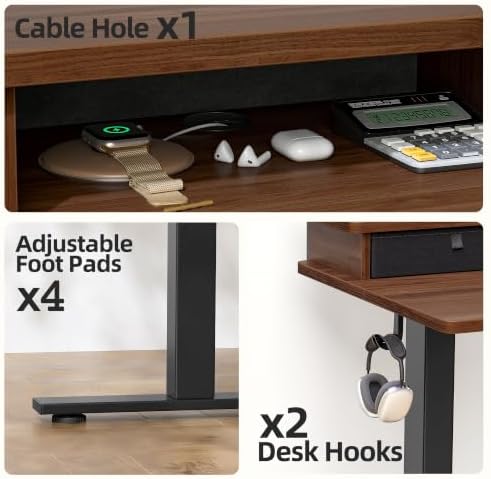TIQLAB 48 * 24 inch Standing Desk with Two Drawers&Top Shelf, Black Walnut