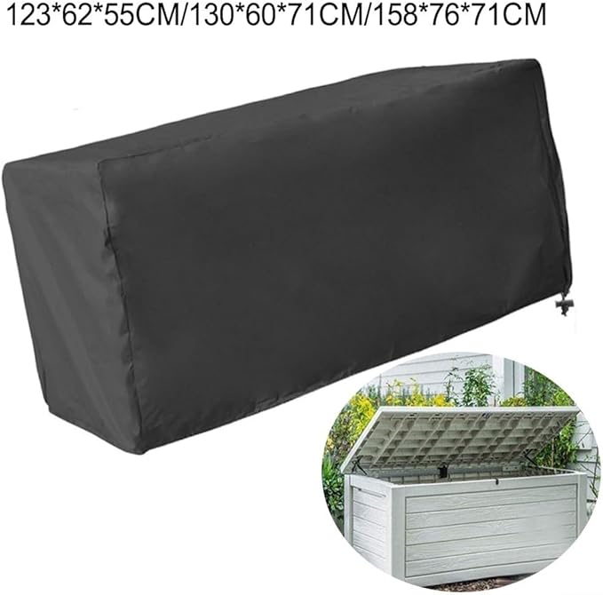 Outdoor Storage Box Cover 210D Oxford Waterproof Protector Adjustable Rope Buckle Weather Resistant Dust Snow Foldable Lightweight Fits Garden Patio Black (158×76×69cm)