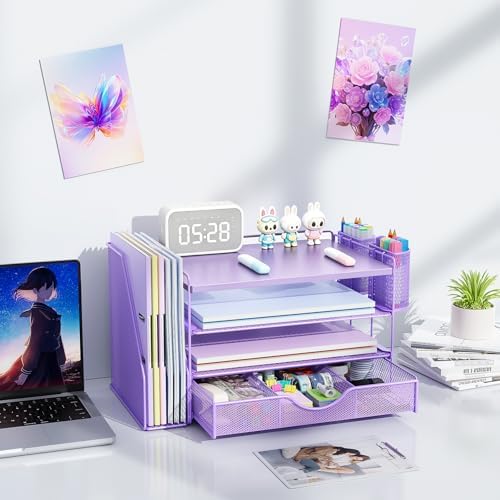 gianotter Wood Desk Organizers and Accessories with File Holder, 4-Tier Desk Accessories & Workspace Organizers with Drawer and 2 Pen Holder, Desk Reference Organizer (Purple, 4T with Metal Drawer)