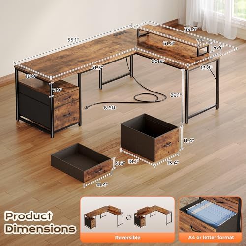 PRAISUN 55 Inch L Shaped Desk with Power Outlets and USB-C Port, Computer Corner Home Office Desk with File Fabric Drawers and Movable Monitor Stand, Larger Storage for Gaming, Study, Rustic Brown