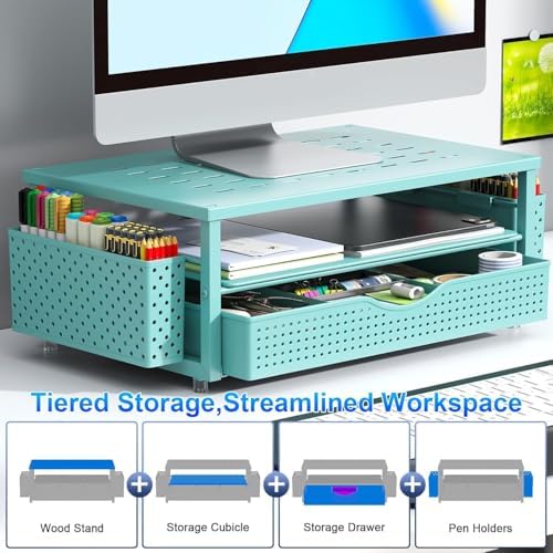 gianotter Desk Organizers and Accessories, Monitor Stand with Drawer and 2 Pen Holder, Desktop Organizer Suitable for Offices and Dormitories (Blue)