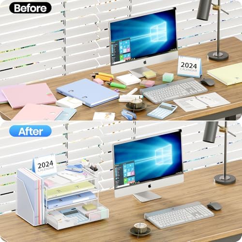 OPNICE Desk Organizer, 4-Tier Desktop File Organizer with Drawer and Pen Holders, Office Desk Accessories, File Sorters, Workspace Organizers for Office Supplies(White)