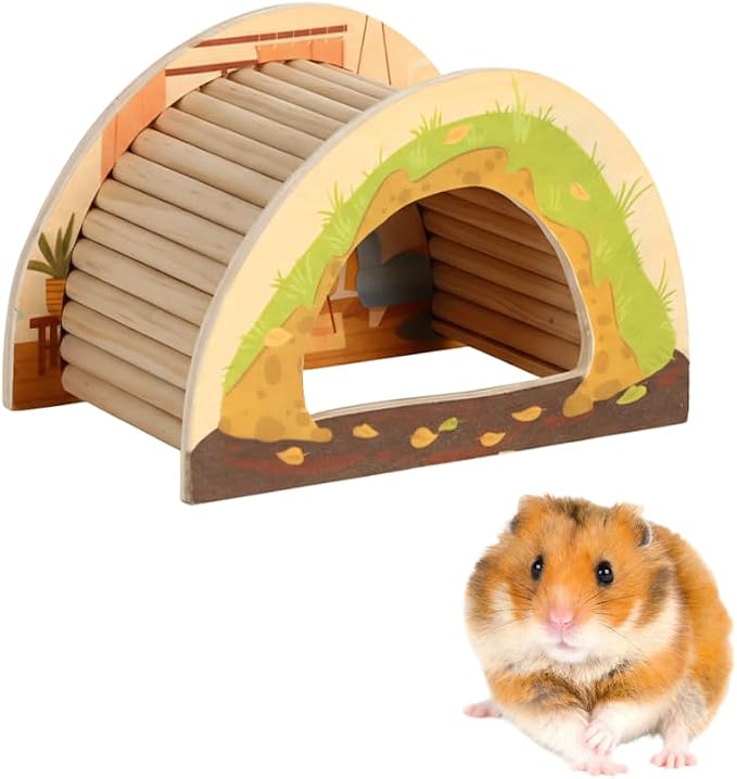 DONGKER Small Animal Hideout, Wooden Gerbil Shelter with Open Bottom for Hamster Hedgehog Reptile Burrowing and Resting