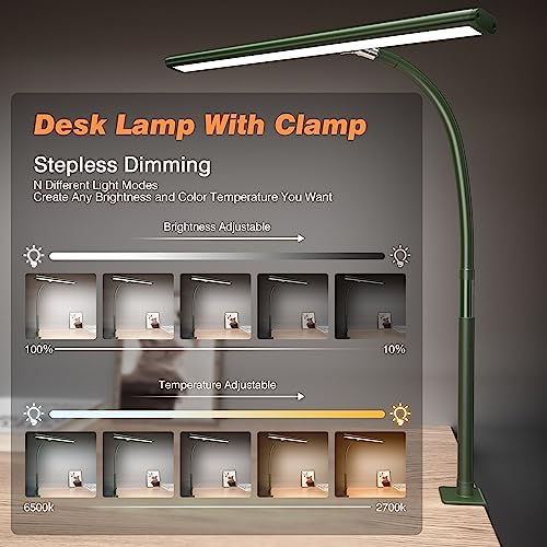 Airlonv LED Desk Lamp with Clamp, 17" Stepless Dimming Light, Green