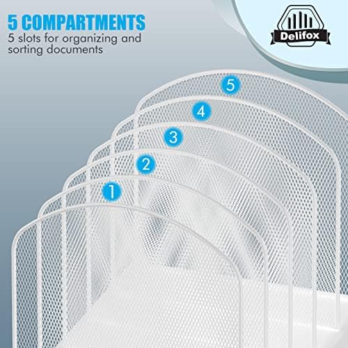 Delifox Inclined Desk File Organizer,Vertical File Folder Holder Stand Metal Rack File Sorter for Office Classroom Desktop Organization (2, White, 5)