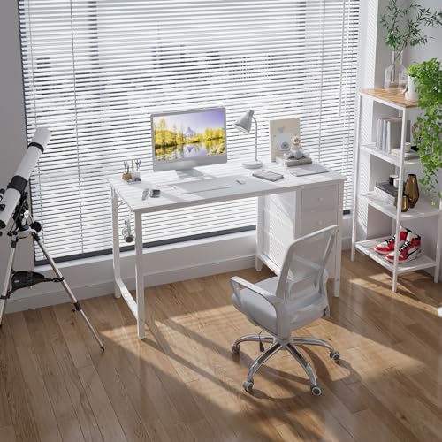 Lufeiya White Computer Desk with Drawers, 47 Inch Reversible Study Work Writing Desk for Home Office Bedroom, Simple Modern Cute PC Desks with Fabric Drawer, White