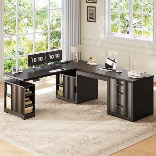 SEDETA Fluted L Shaped Electric Standing Desk, 63" x 67" Height Adjustable Home Office Executive Desk with Drawers and Shelves, Two Person Desk with Power Outlet for Home Office, Black