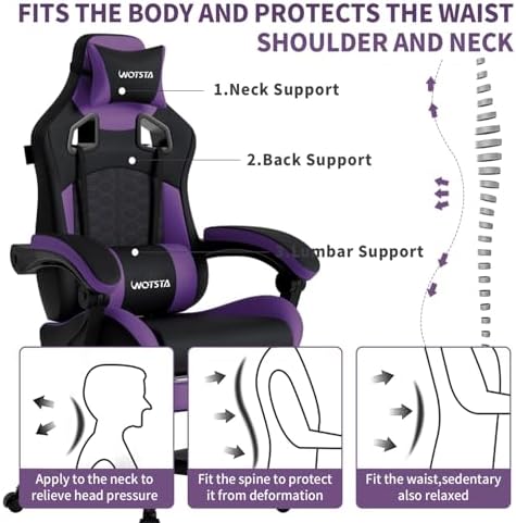 Gaming Chair with Massage,Ergonomic PC Gaming Chair with Footrest Comfortable Headrest and Lumbar Support,High Back Game Chair PVC Leather,300LBS (BlackPurple)