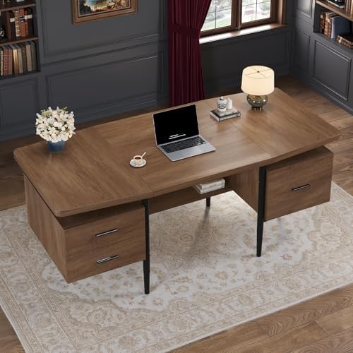 70.9" W x 27.6" D Modern Executive Desk, Wooden Computer Desk with 2 Drawers and File Drawer, Privacy Panel & Open Storage Shelf, Large Home Office Writing Desk for Living Room