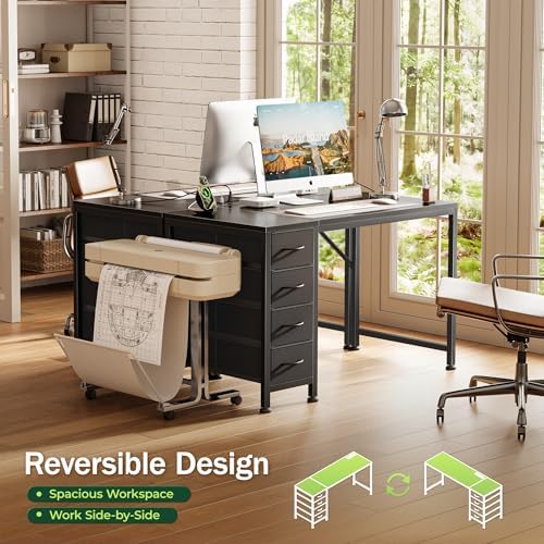 PRAISUN 39.4 Inch Computer Office Desk with Power Outelts and USB-C Port, Reversible Gaming Desk with 4 Fabric Drawers, Work Study Desk Work from Home, Black
