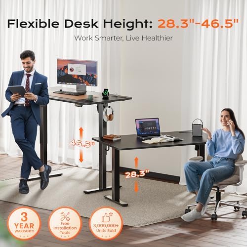 Huuger 55 x 28 Large Electric Standing Desk with 4 AC Outlets, Type-C Port, Height Adjustable Computer Desk, 27.6" Deep Desktop, Stand up Gaming Desk, 3 Preset Heights, for Home Office, Black