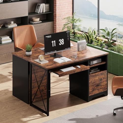 Bestier 47" Computer Desk with Drawers, Home Office Desk with Keyboard Tray, Reversible Industrial Office Desk with Storage Cabinet for Small Space Home Office & Studio, Rustic Brown | Storage Drawer, File Drawer Letter/Legal, Keyboard Tray, Cable Mana...
