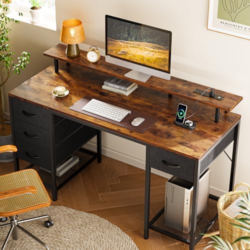 Huuger 55 inch Computer Desk with Power Outlets & 4 Drawers