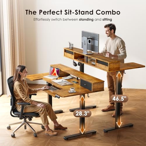 OffiGo 55 Inch U Shape Standing Desk, Keyboard Tray & Drawers, Rustic Brown