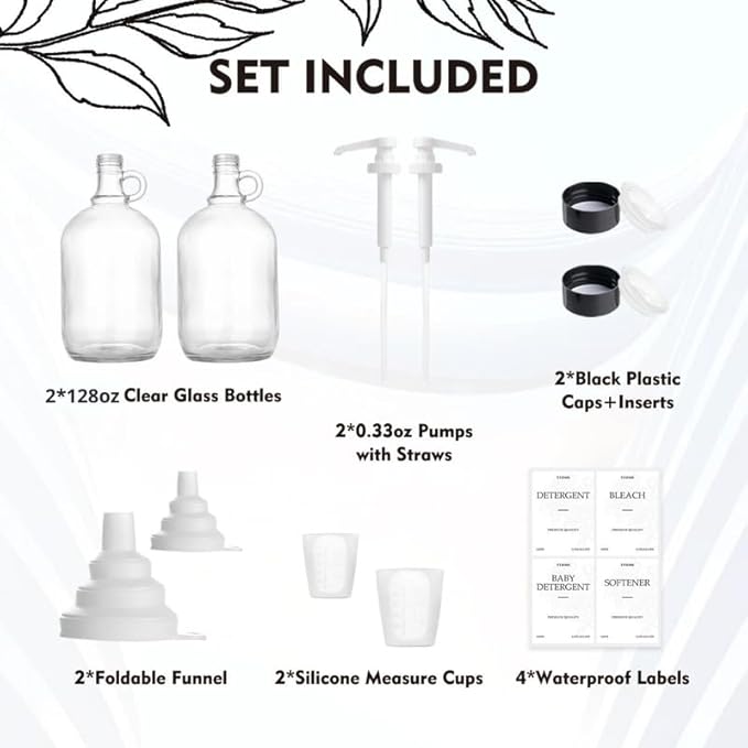 2 Pack Glass Laundry Detergent Dispenser - Gallon Fabric Softener Liquid Dispenser for Laundry Room (128 oz Each), Liquid Laundry Soap Dispenser - Includes Labels, Funnel, and Measuring Cup