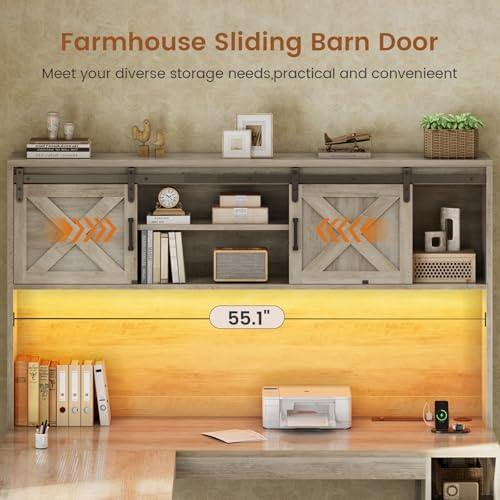 SEDETA 67" Farmhouse L Shaped Desk with Hutch, Grey