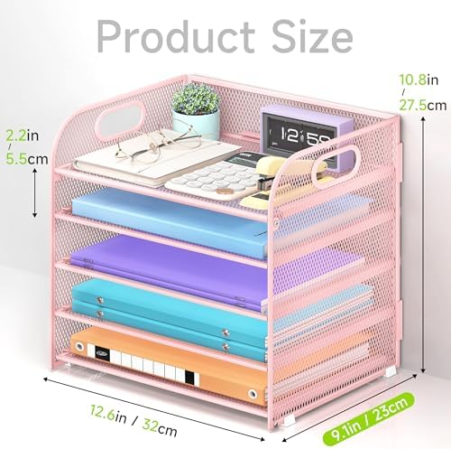 Cawukege 5 Tier Paper Organizer with Handle, Pink Metal Mesh Desk Organizer File Folder Paper Letter Tray Desktop Document Sorter for Classroom, School, Office Accessories Organization and Storage