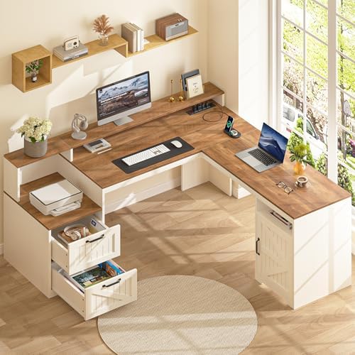 63" Farmhouse L Shaped Desk with Drawers & Printer Shelf for Home Office