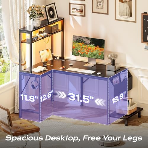 PRAISUN L Shaped Gaming Desk with LED Lights & Power Outlets