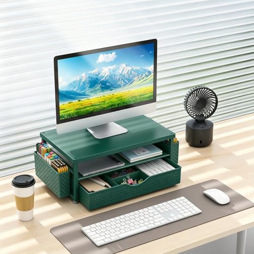 gianotter Desk Organizers and Accessories, Monitor Stand with Drawer and 2 Pen Holder, Desktop Organizer Suitable for Offices and Dormitories (Green)