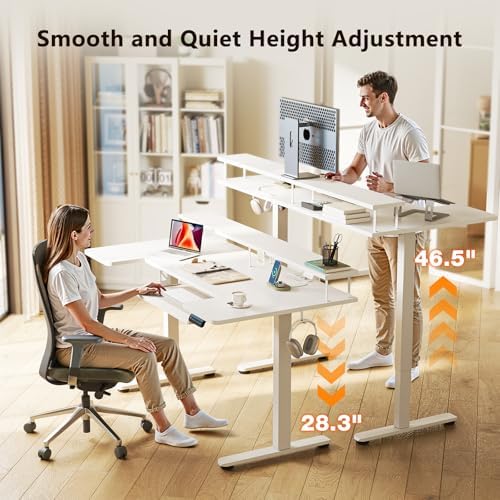 OffiGo 55 Inch U Shaped Electric Standing Desk with Keyboard Tray, White