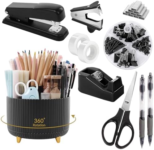 SKYDUE Black Office Supplies with Pencil Holder,Desk Accessories 11PCS