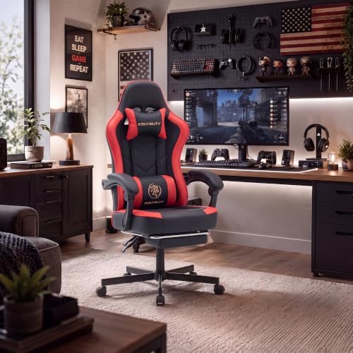 Desk Computer Gaming Chair - High Back Ergonomic Office Chair with Footrest and Lumbar Support, Swivel Comfy Home Gamer Video Game Chairs with Pocket Spring Cushion for Adults (Red Leather)