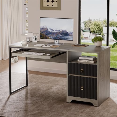 Bestier 55Inch Modern Fluted Desk with Drawers & Keyboard Tray, Grey
