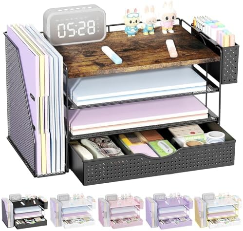 Wood Desk Organizers and Accessories with File Sorters, 4-Tier Desk Accessories & Workspace Organizers with Drawer and Pen Holder, Desk Reference Organizer (Wood, 4T with Drawer)