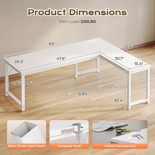 Huuger 63 Inch L Shaped Desk with Power Outlets & 0.95 Inch Thicker Desktop