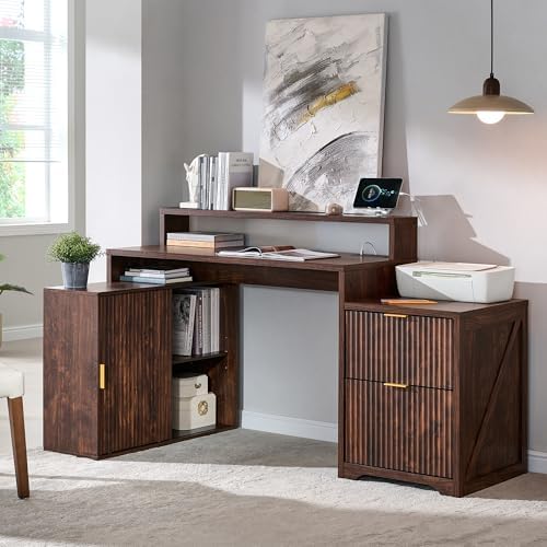 67" Modern Desk with Storage Cabinet & 2 Drawers, Built‑in Outlet