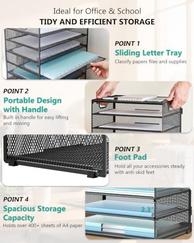WALI Desk File Organizer, 8 Tier Desktop Paper Letter Tray Organizer with Handle, Office Desk Accessories & Workspace Organizers for Office, Home, School Supplies, 1 Pack, Black