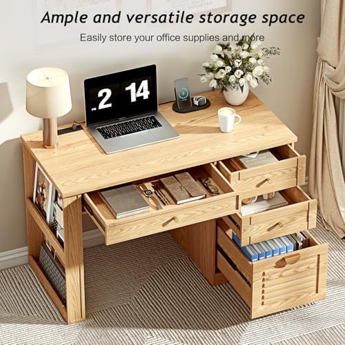 Ieejdn 47" Home Office Desks, Executive Desk, Farmhouse Computer Desk with Drawers and Charging Station, File Drawer, Storage Cabinet, Rustic Computer Writing Desk,Antique Natural