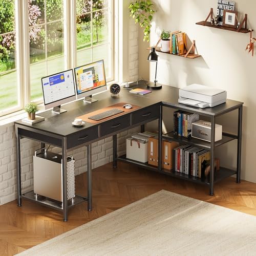 PRAISUN 55 Inch L Shaped Office Desk with Power Outlets and Type-C Port, Large Computer Gaming Desk with 3 Fabric Drawers, Mesh Shelves, Corner Study Work Writing Desk, Black