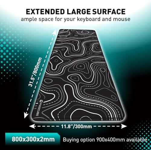 Pixiecube Minimalist Topographic Map Mouse Pad - Contour Extended Large Stitch Edge Mousepad. Black & White Non-Slip XXL Gaming Desk Mat