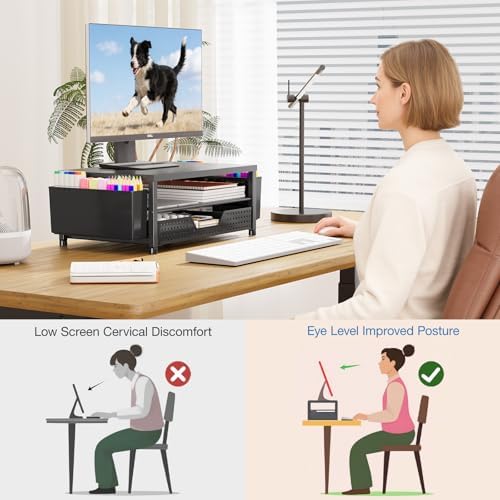 OPNICE Desk Organizers and Accessories, Computer Monitor Stand Riser with Drawer and 2 Pen Holders, Printer & Laptop Stand, Office Desk Accessories & Workspace Organizers for Home Office Supplies, Black 2-Pack