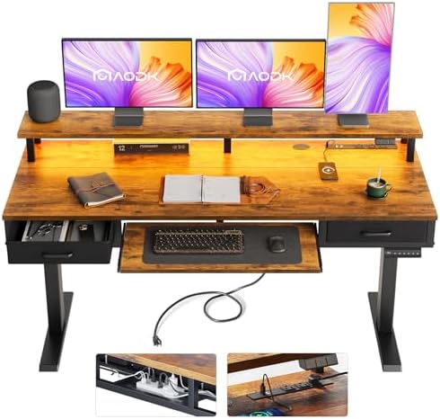 AODK 63 Inch Standing Desk with Drawers & Keyboard Tray, Rustic Brown