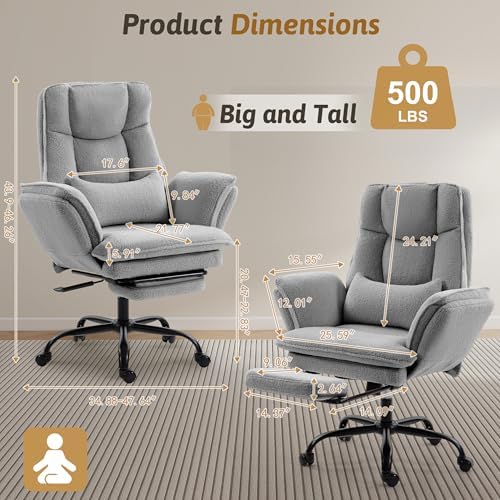 Wider Seat Office Chair with Flip Armrests for Criss Cross Legged&Cats, Big and Tall Executive Ergonomic Reclining Chair with Footrest&Lumbar Pillow, Teddy Fleece Desk Chair,Grey Vanity Chair
